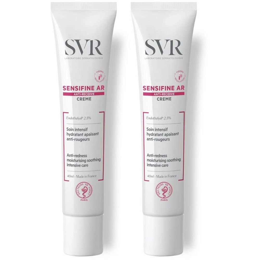 Deux tubes de crème blanche, texte rouge. Inscription: SVR, SENSIFINE AR, Crème anti-rougeurs. 40ml.