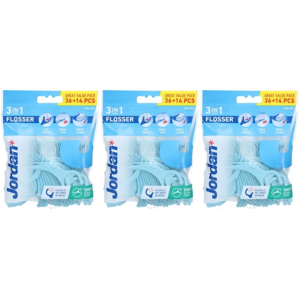 Trois paquets de fil dentaire Jordan 3-en-1. Fil dentaire bleu en plastique dans des emballages transparents. Texte: 3 en 1 Flosser, Jordan.