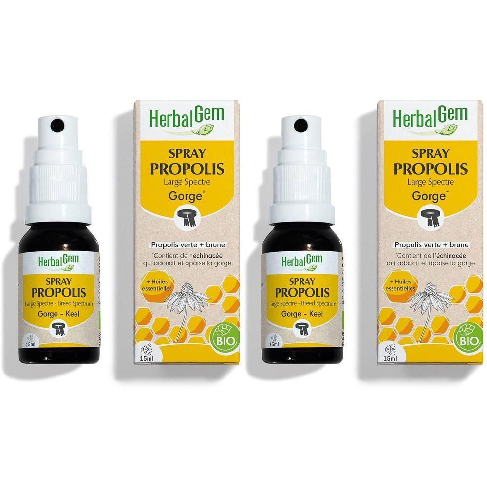 Drei Flaschen HerbalGem PROPOLIS Spray, mit Verpackung. Schwarze Flaschen mit weißem Sprühkopf. Aufschrift: PROPOLIS Spray, BIO.