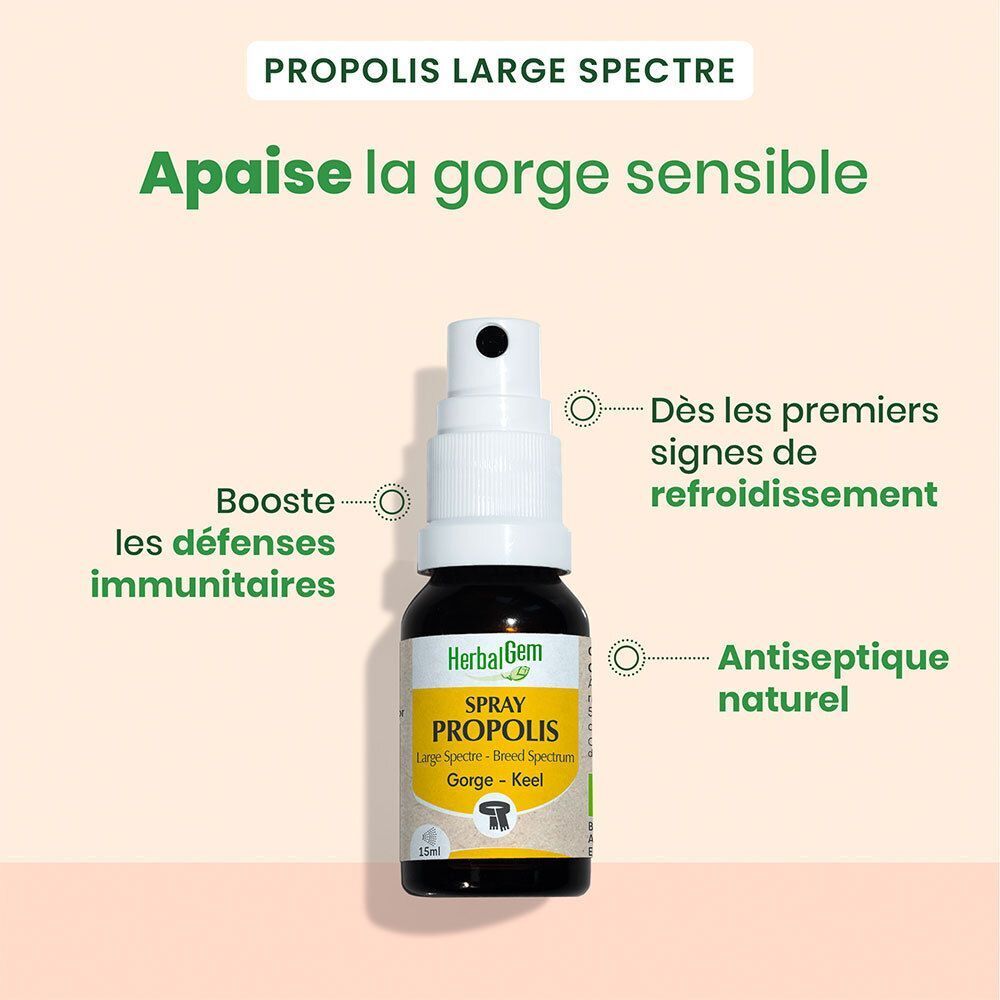 PROPOLIS Large Spectre Spray. Flasche mit weißem Sprühkopf. Text: Beruhigt den empfindlichen Hals, stärkt das Immunsystem, natürliches Antiseptikum.