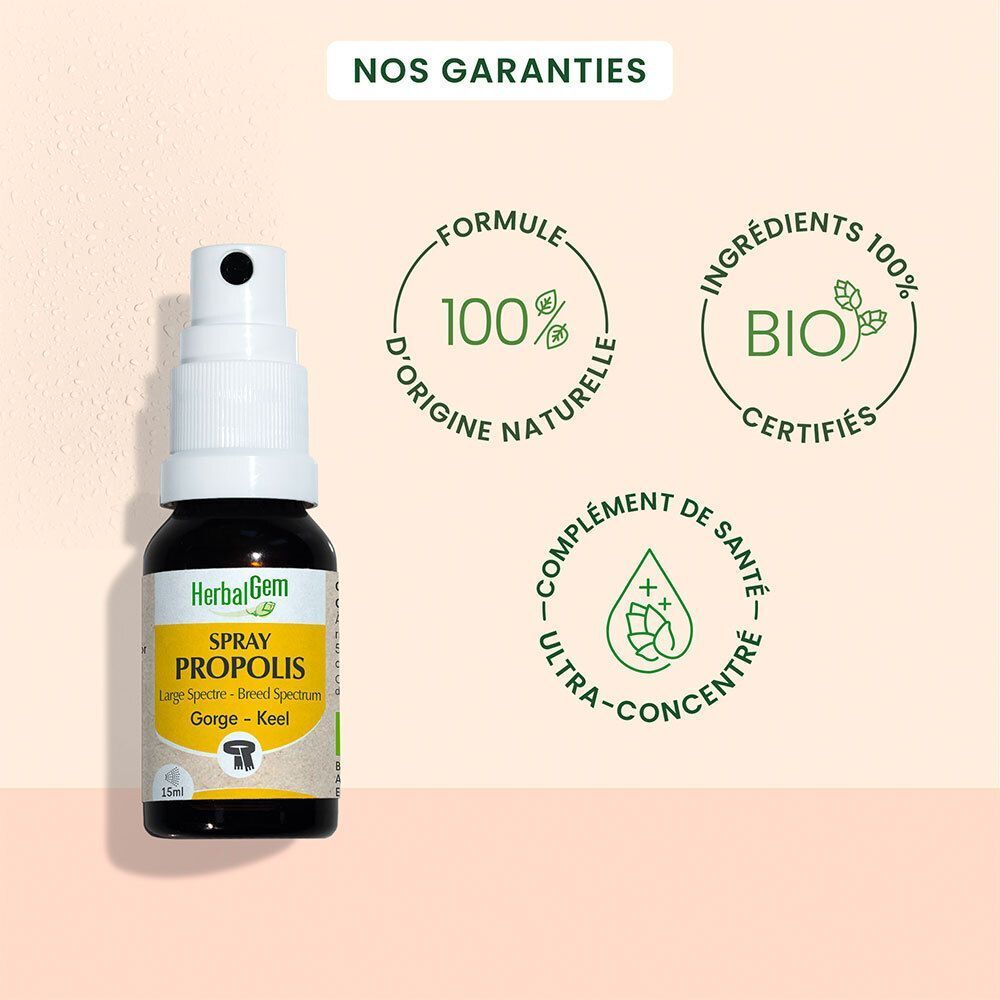 Spray PROPOLIS. Flacon avec pulvérisateur blanc. Logos : 100% d'origine naturelle, ingrédients certifiés BIO, complément de santé ultra-concentré.