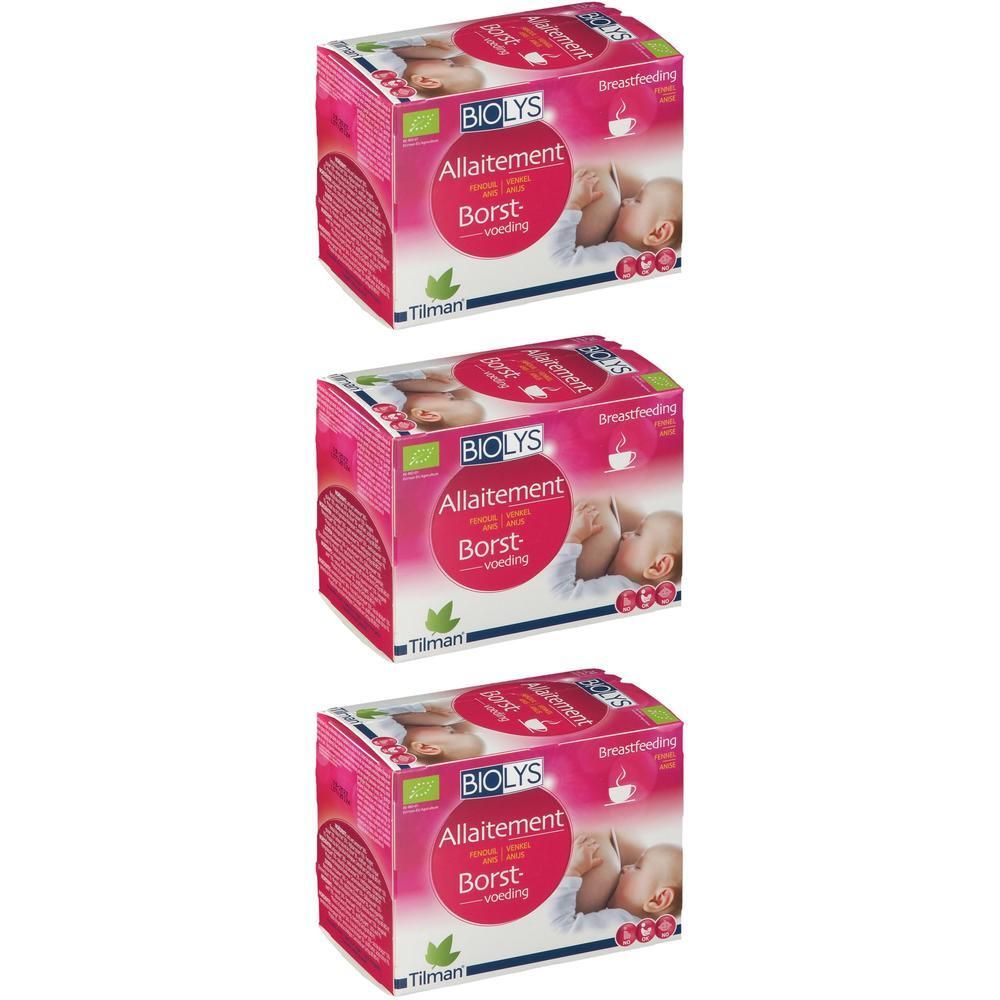 Drei Packungen BIOLYS Allaitement, rosa Verpackung mit Baby-Illustration. Text: Allaitement, Borst-voeding.