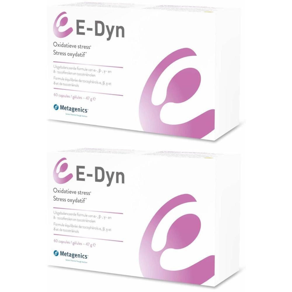 Zwei weiße Kartons mit Produktaufdruck. Oben links Logo und Schriftzug E-Dyn. Darunter Text: Oxidativer Stress.