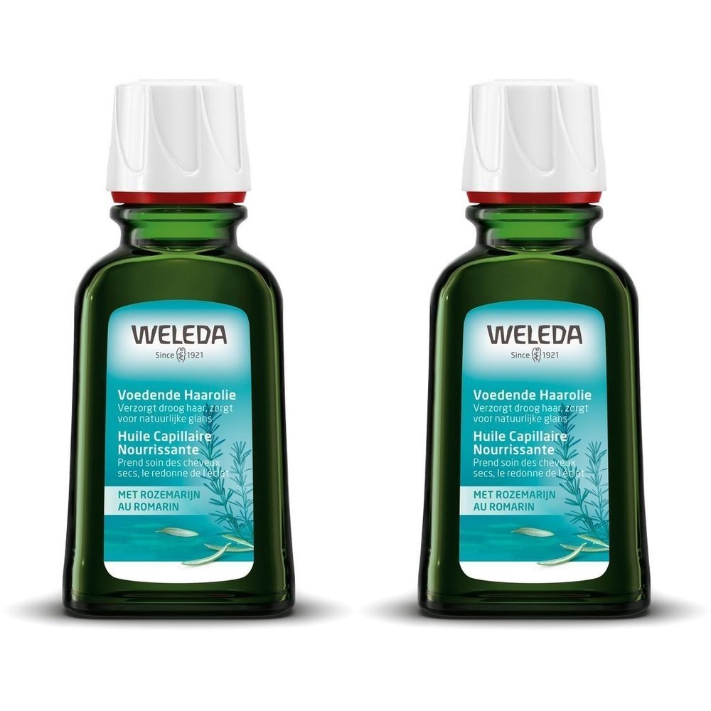 Deux flacons en verre vert avec bouchon blanc. L'étiquette indique "WELEDA" et "Huile Capillaire Nourrissante".