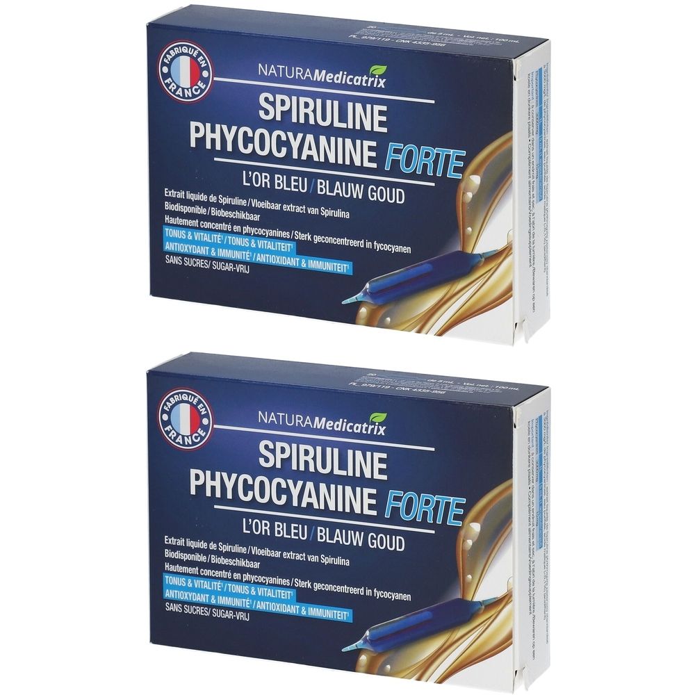 Zwei Schachteln NATURAMedicatrix Spiruline Phycocyanine Forte. Blaue Verpackung mit Produktnamen und französischer Flagge.