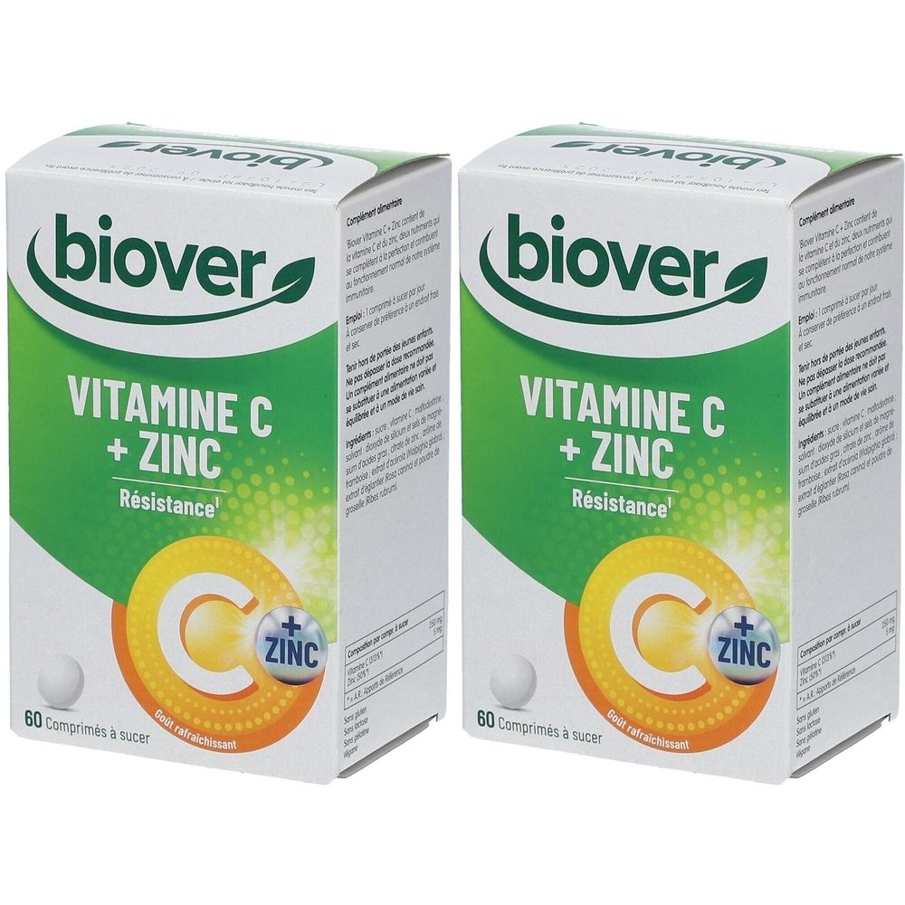 Deux boîtes de "biover Vitamine C + Zinc". Emballage vert et blanc. Contient 60 comprimés à sucer. Inscription "Résistance".