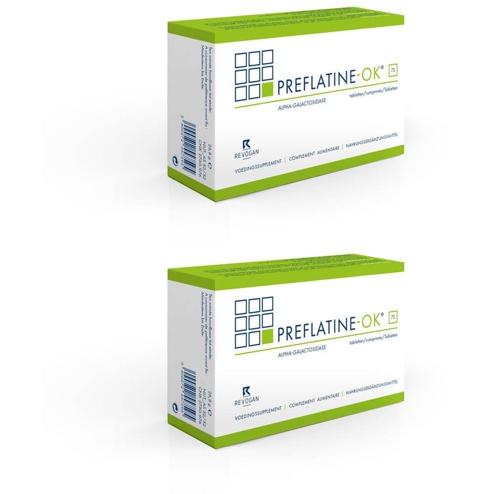 Zwei Schachteln Preflatine-OK. Weißer Karton mit grüner Oberseite. Aufdruck: PREFLATINE-OK, Alpha-Galactosidase, Nahrungsergänzungsmittel.