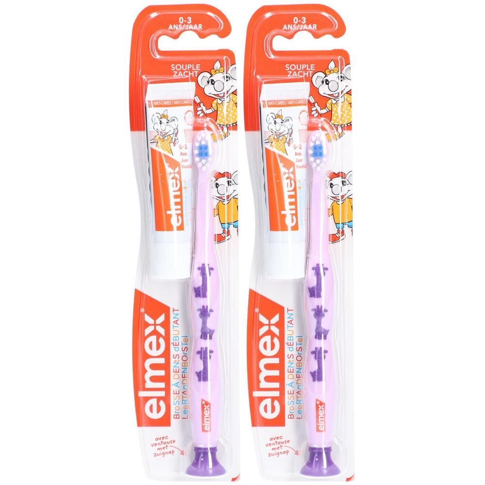 Zwei Zahnbürsten mit lila Griffen und Zahnpasta in Verpackung. Aufschrift: elmex, 0-3 Jahre.