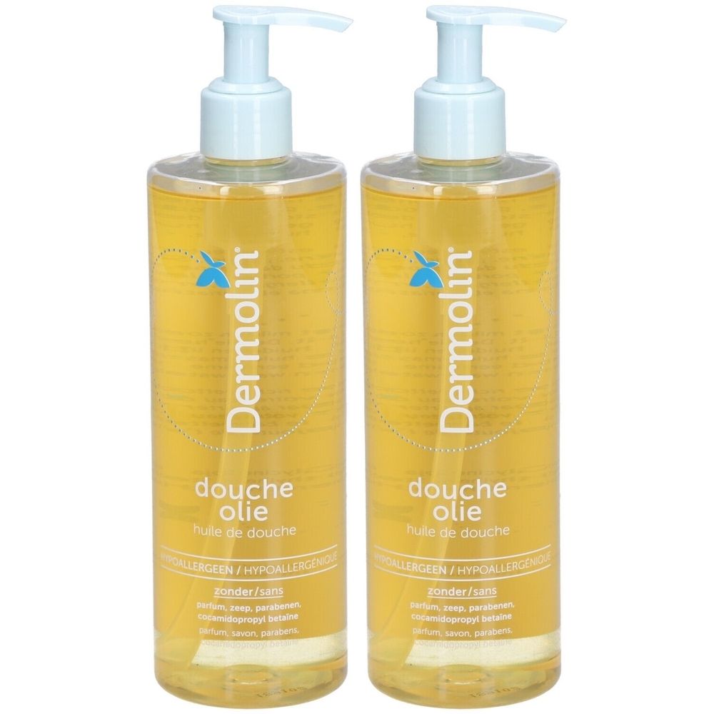 Deux flacons de douche huile avec bouchon pompe bleu clair. Inscription: Dermolin, douche olie, hypoallergénique.