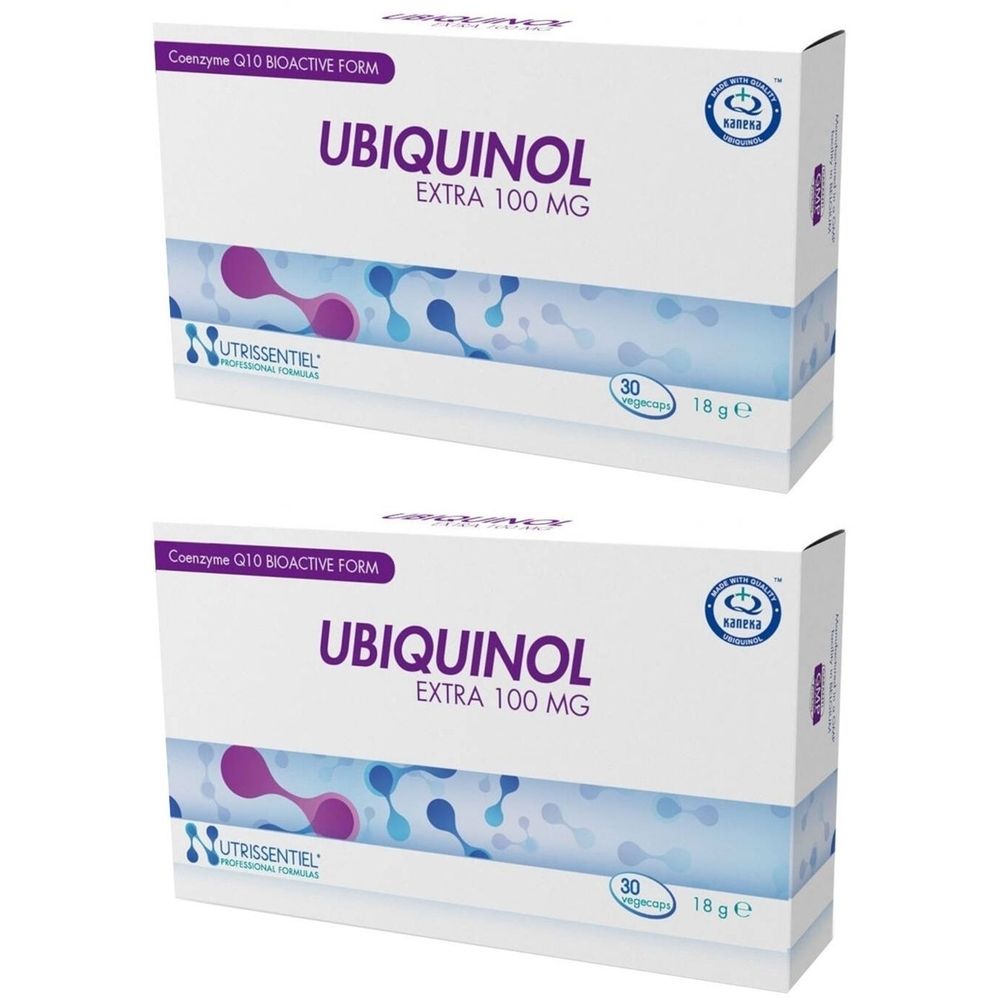 Deux boîtes blanches avec UBIQUINOL EXTRA 100 MG. Logo NUTRISSENTIEL. Contient 30 gélules.