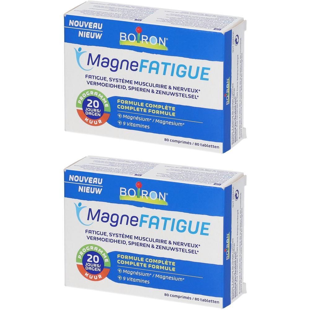 Zwei blaue Schachteln mit der Aufschrift "MagneFATIGUE" und "Boiron". Enthält 80 Tabletten. Mit 20-Tage-Programm.