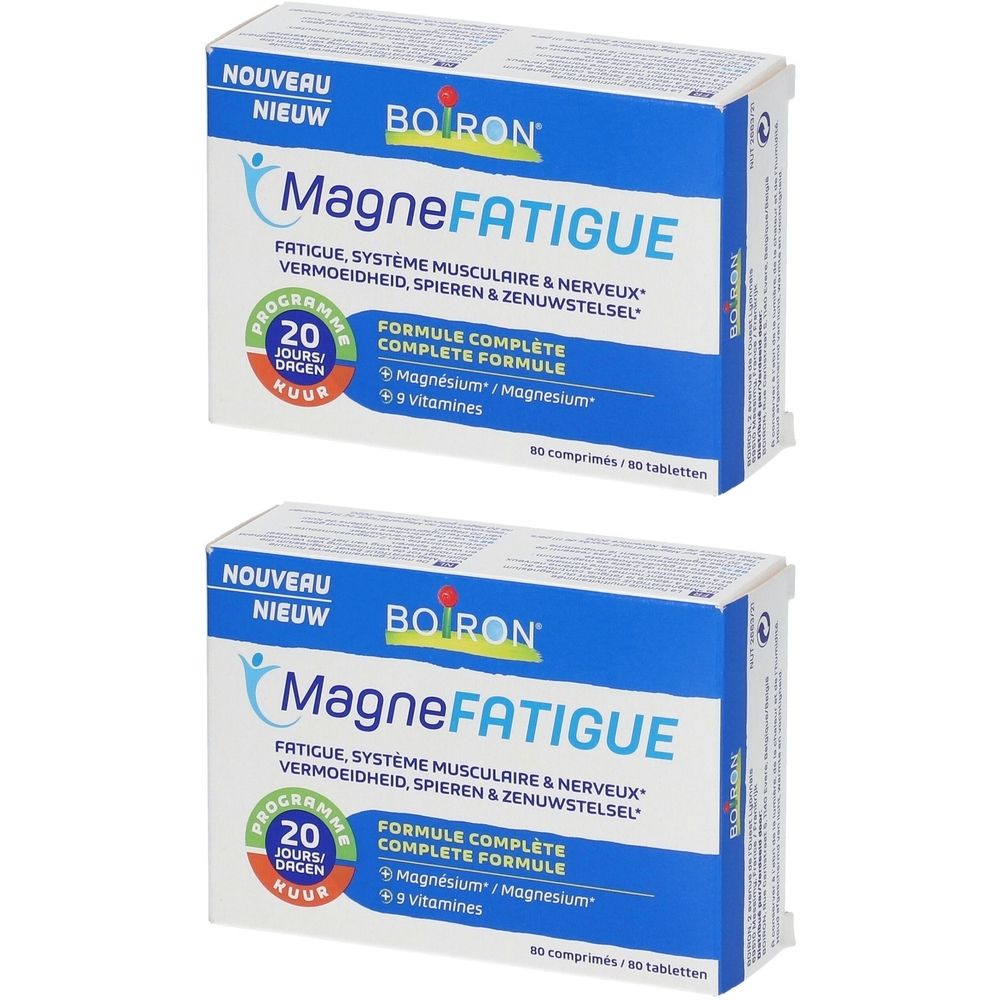 Deux boîtes bleues "MagneFATIGUE" et "Boiron". Contient 80 comprimés. Programme de 20 jours.