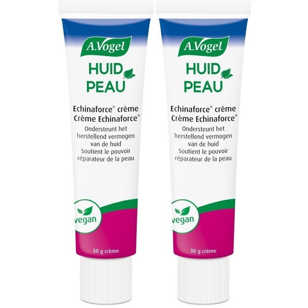 Zwei Tuben A.Vogel Echinaforce Crème. Weiß, blau und pinkfarbene Beschriftung. Vegan-Siegel. 30 g.