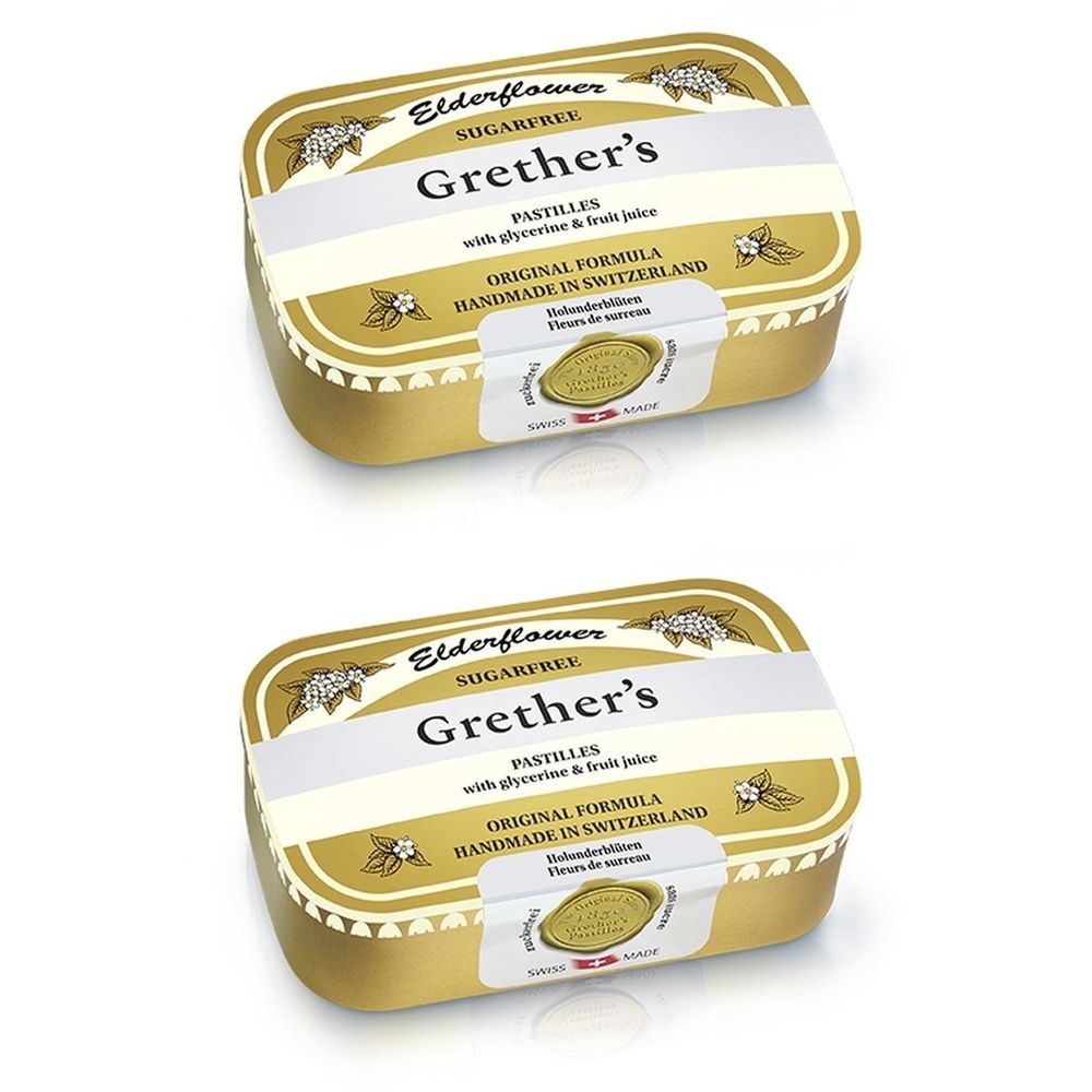 Zwei goldfarbene Pastillen-Dosen. Aufschrift: Grether's Pastillen, Elderflower, zuckerfrei. Hergestellt in der Schweiz.