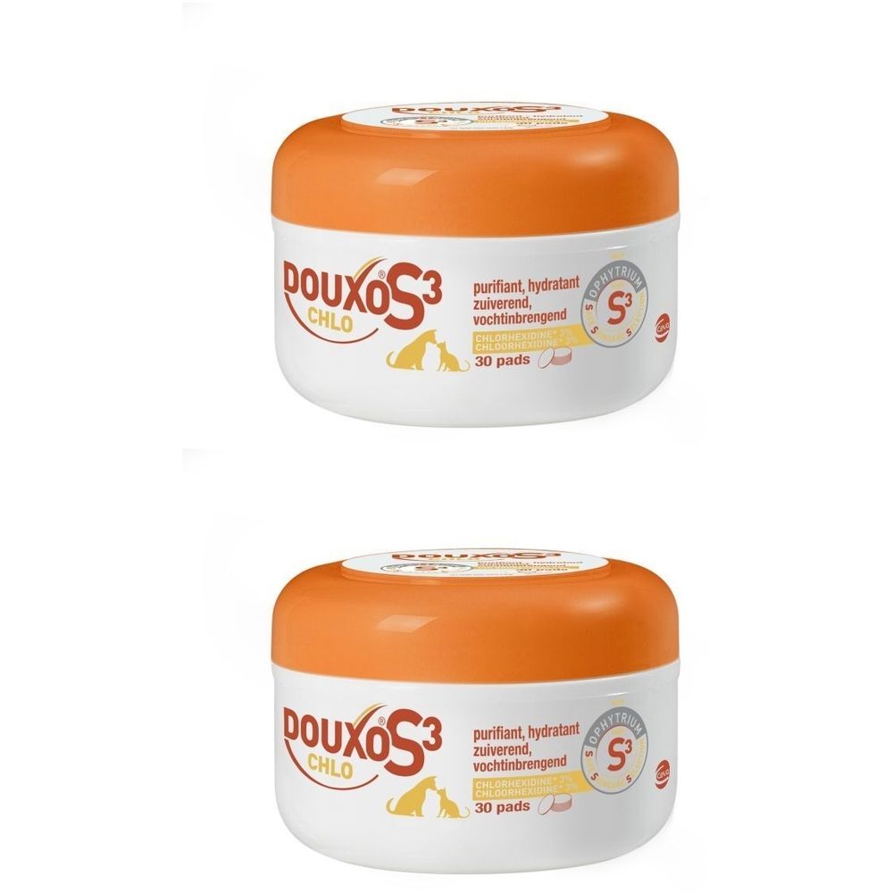 Zwei runde Behälter mit orangefarbenen Deckeln. Auf der Vorderseite steht "Douxo S3 Chlo". Text in mehreren Sprachen. 30 Pads.
