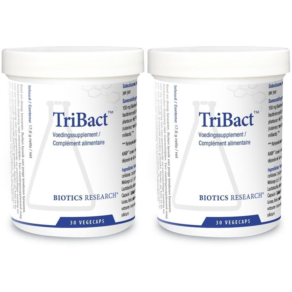 Deux pots blancs avec couvercles. Inscription: TriBact, Biotics Research, 30 Vegecaps. Néerlandais et français.