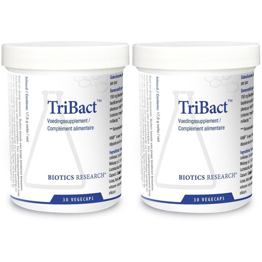 Zwei weiße Behälter mit Deckel. Aufschrift: TriBact, Biotics Research, 30 Vegecaps. Niederländisch und Französisch.
