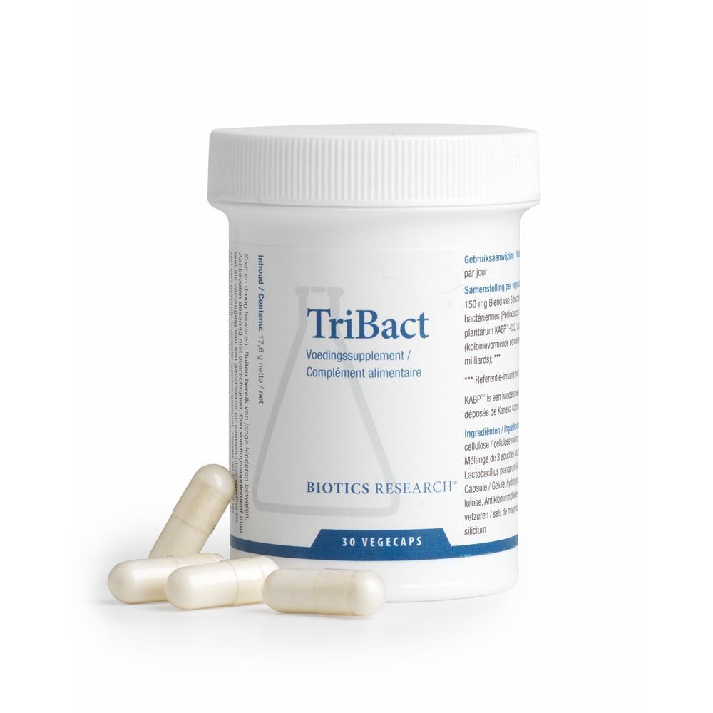 Weißer Behälter mit Deckel und Kapseln. Aufschrift: TriBact, Biotics Research, 30 Vegecaps. Niederländisch und Französisch.