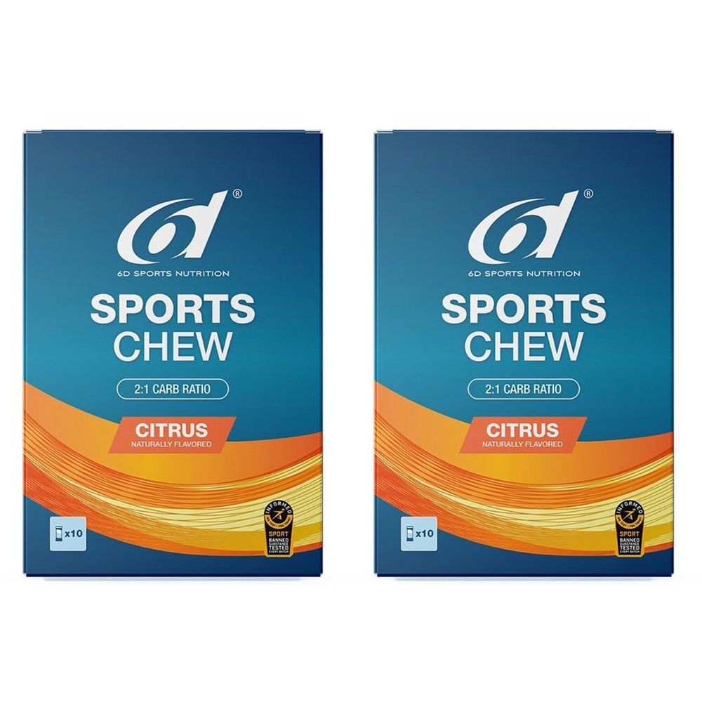 Zwei Packungen mit der Aufschrift "Sports Chew Citrus". Blaue Verpackung mit orangefarbenen Akzenten. Enthält das Logo "6d".