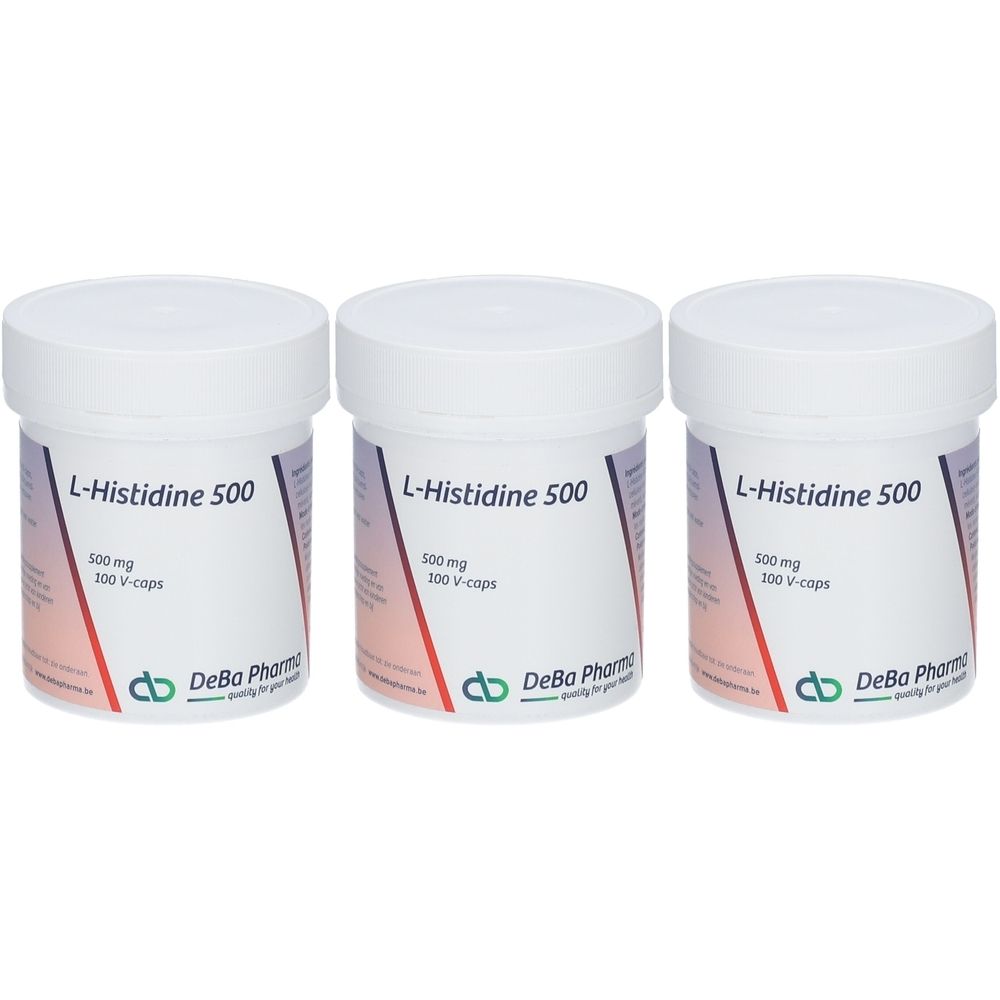 Trois pots blancs avec couvercles. Chaque pot porte l'inscription "L-Histidine 500", "500 mg", "100 V-caps" et le logo DeBa Pharm.