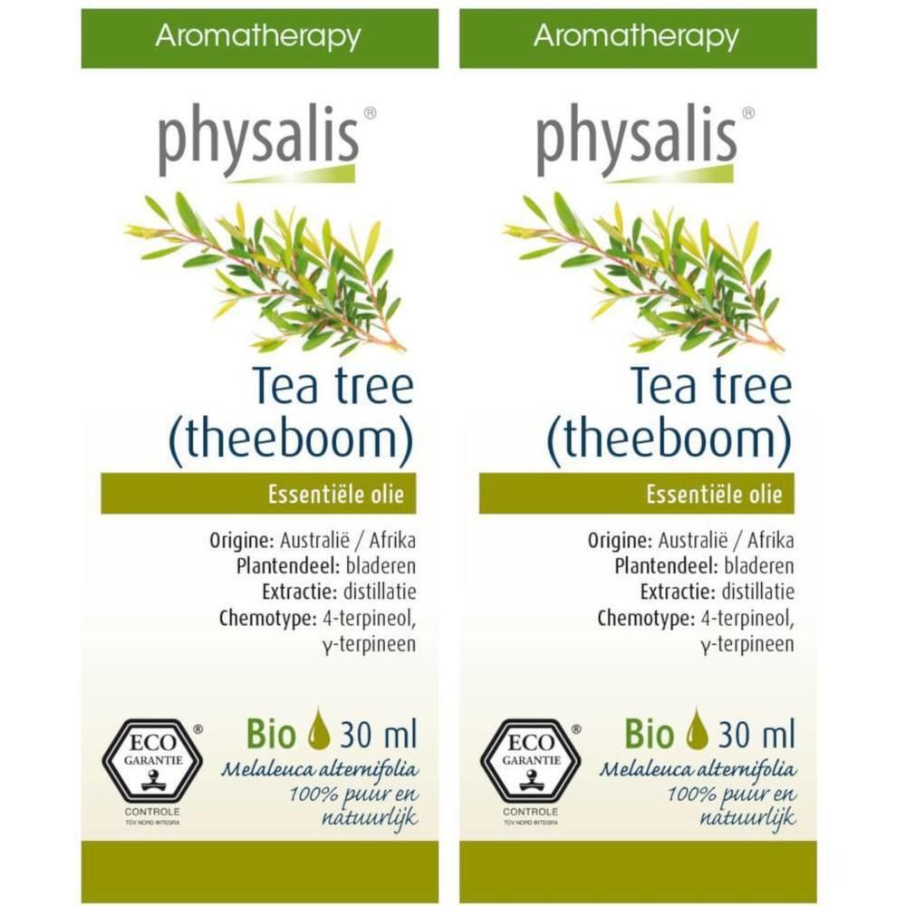Zwei Etiketten von physalis® Teebaum ätherisches Öl. Text: Tea tree (theeboom), Essentiële olie, Bio, 30 ml.