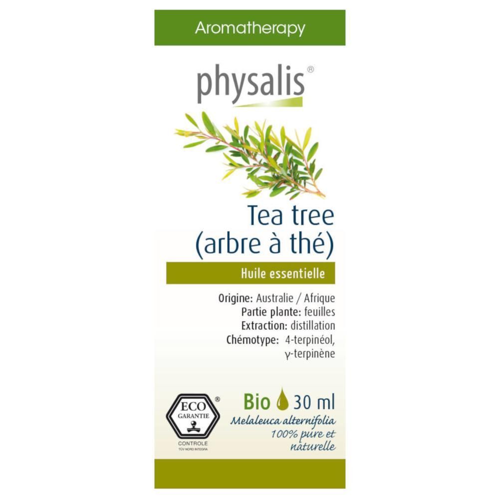 Etikett von physalis® Teebaum ätherisches Öl. Text: Tea tree (theeboom), Essentiële olie, Bio, 30 ml.