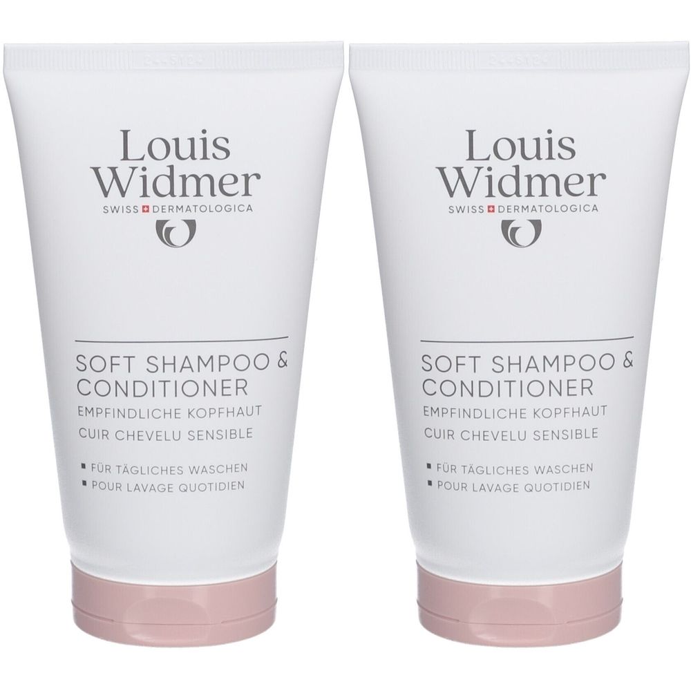 Zwei Tuben Louis Widmer Soft Shampoo & Conditioner. Weiße Tuben mit rosa Verschluss. Schwarze Schrift.