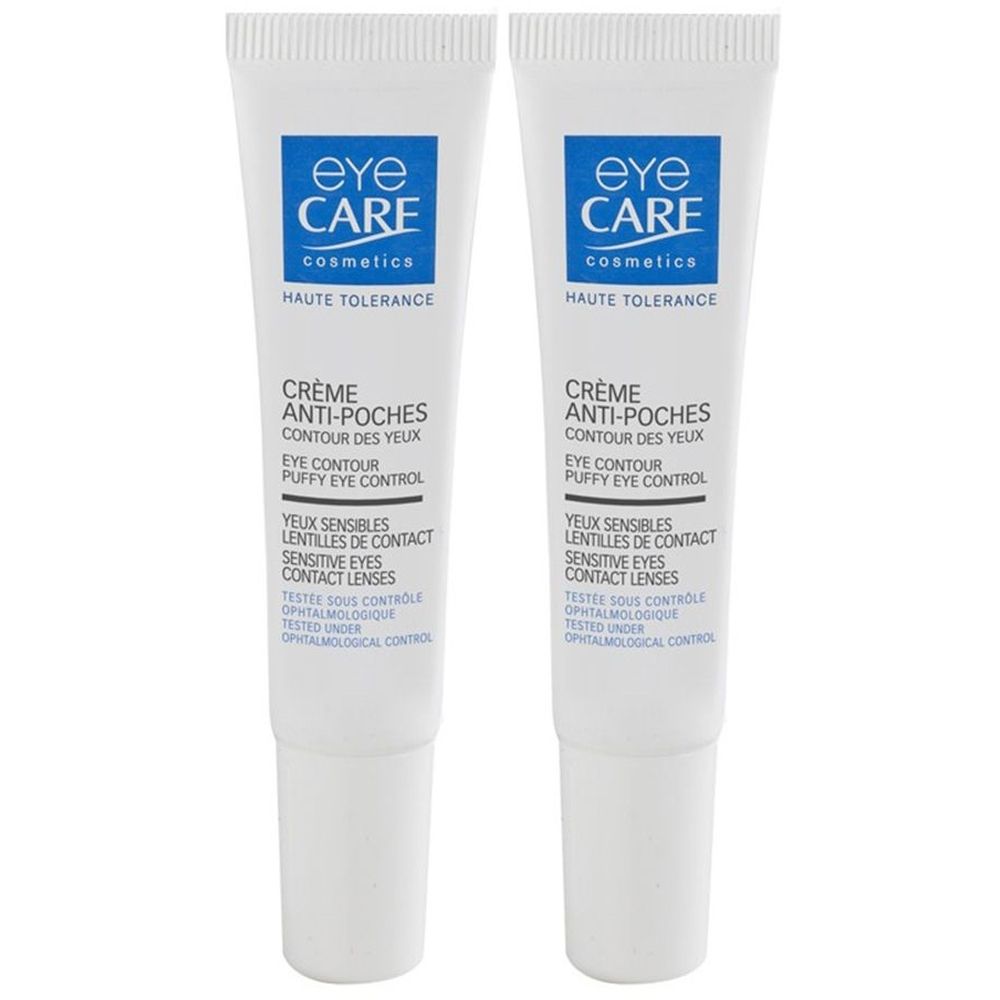 Zwei weiße Tuben Augencreme. Blaue Logos mit "eye CARE cosmetics". Text: Crème Anti-Poches, Eye Contour, Sensitive Eyes. Getestet unter Kontrolle.