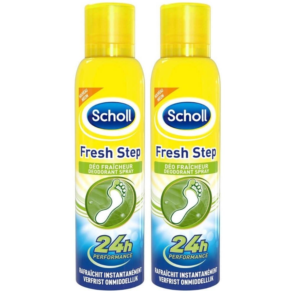 Zwei gelbe Sprays. Aufschrift: Scholl Fresh Step, Deodorant Spray. Fußabdruck-Symbol. 24h Performance. Neu.