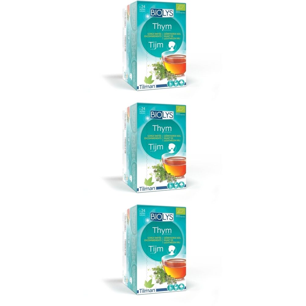 Trois boîtes de BIOLYS Thym. Chaque boîte présente du thé au thym, 24 sachets. Certification biologique.