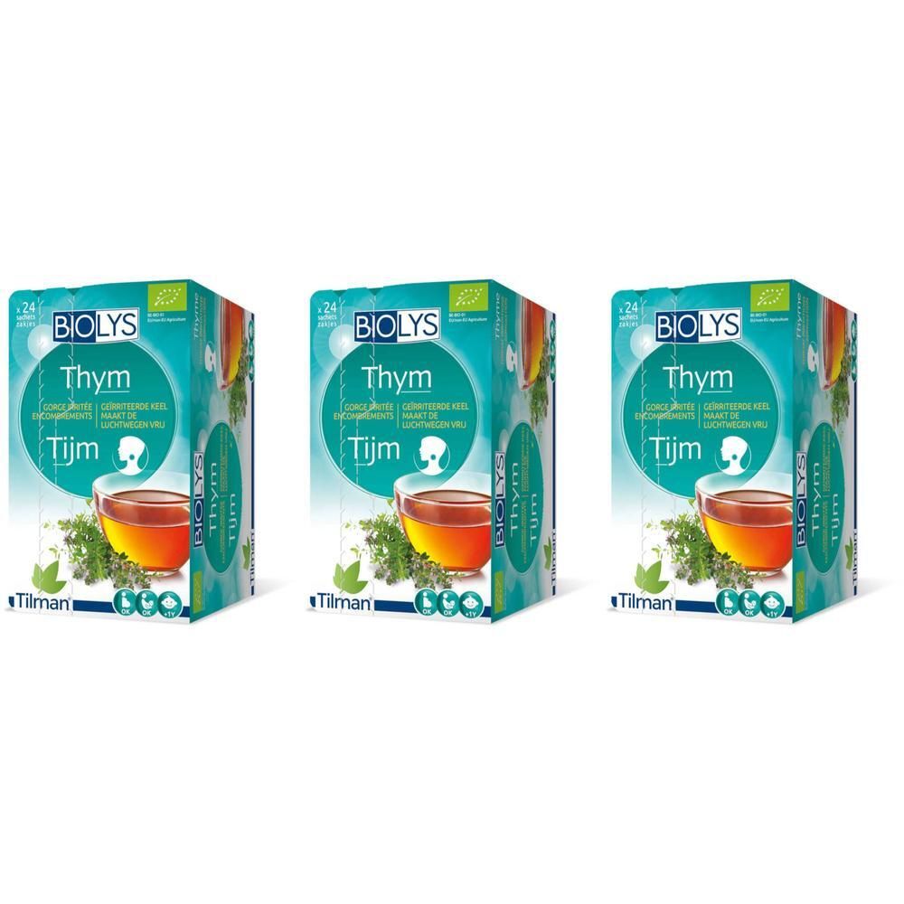 Drei BIOLYS Thym-Verpackungen. Jede Packung zeigt Thymian-Tee mit 24 Beuteln. Bio-Zertifizierung.
