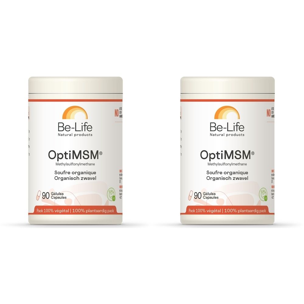 Deux boîtes blanches Be-Life OptiMSM avec étiquettes. Inscription: OptiMSM, 90 gélules, 100% végétal.