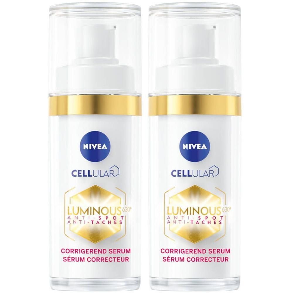 Zwei Flaschen Serum mit weißem Pumpkopf und goldfarbenem Ring. Aufschrift: NIVEA CELLular Luminous 630® Anti-Spot.