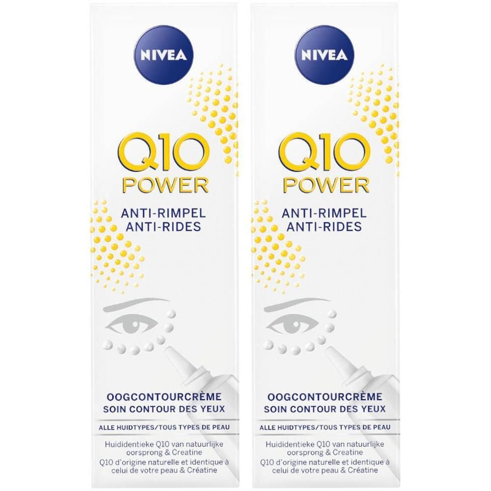 Zwei Tuben NIVEA Q10 Power Augencreme. Weiße Tuben mit blauen und gelben Logos. Text: Q10 Power, Anti-Falten, Augenkonturcreme.