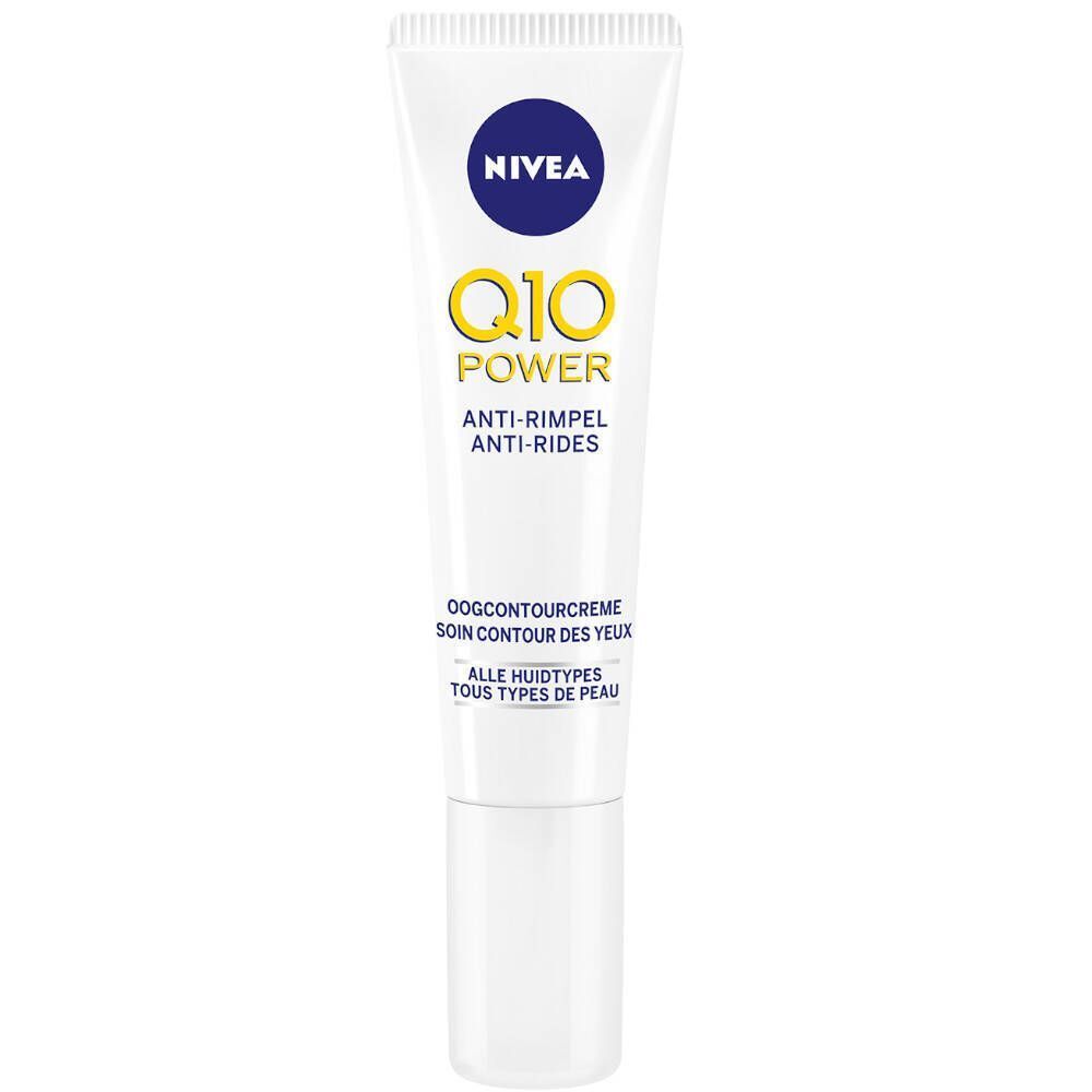 Eine Tube NIVEA Q10 Power Augencreme. Weiße Tube mit blauem und gelbem Logo. Text: Q10 Power, Anti-Falten, Augenkonturcreme.