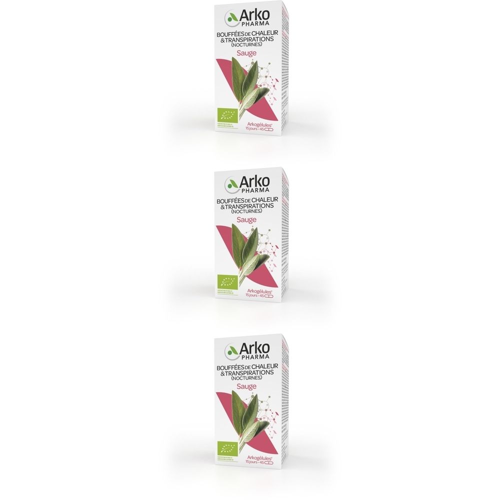 Trois boîtes avec logo et texte. Certification bio. Fond blanc. Nom du produit et image de feuilles.