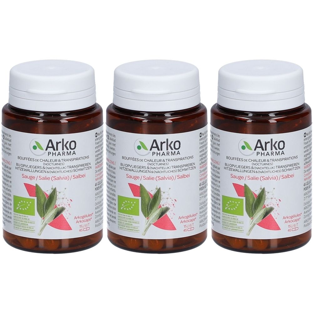 Trois flacons bruns avec bouchons blancs. Étiquettes avec logo et texte. Certification bio. Gélules.