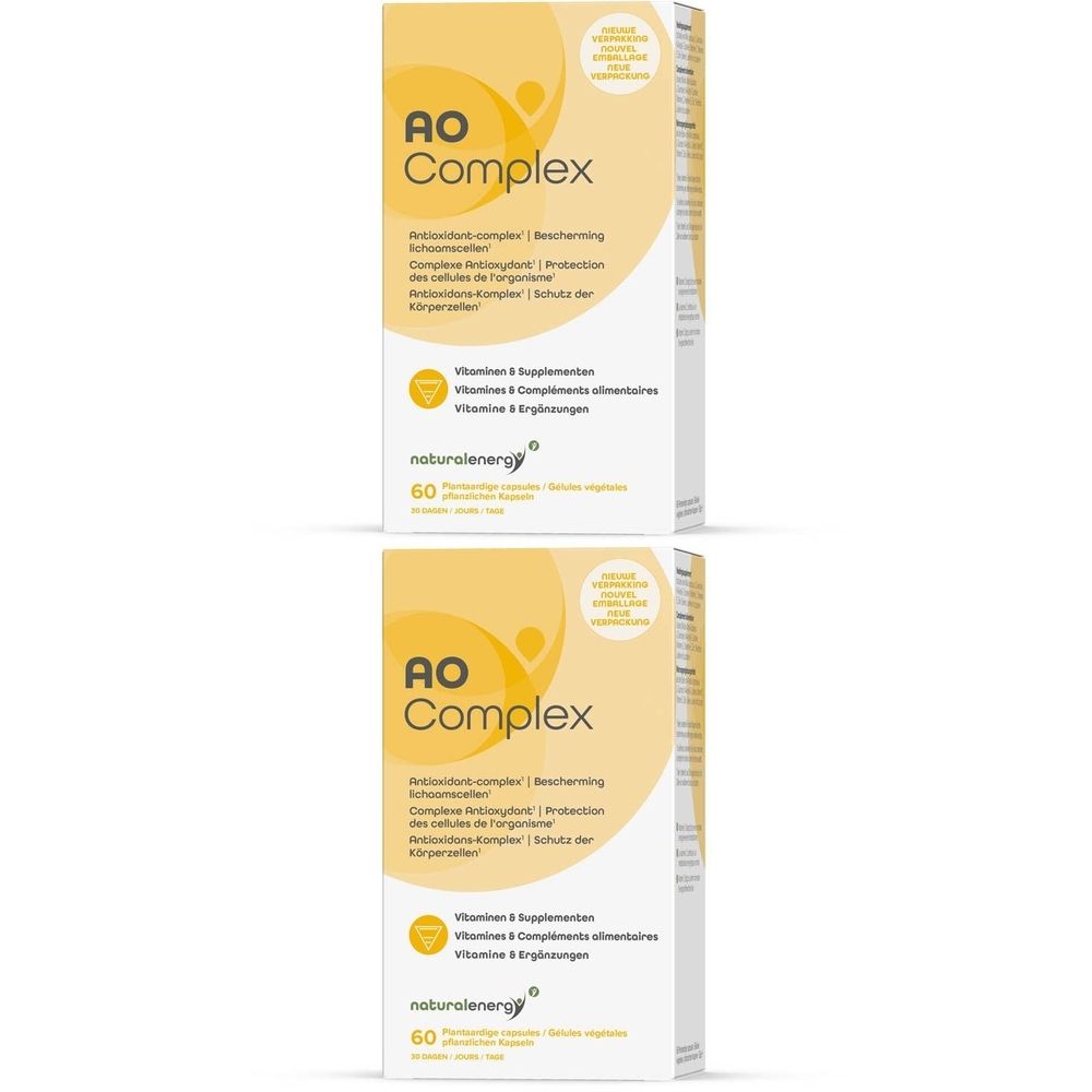 Deux boîtes AO Complex. Emballage blanc avec accent jaune. Texte: AO Complex, compléments alimentaires, 60 gélules.