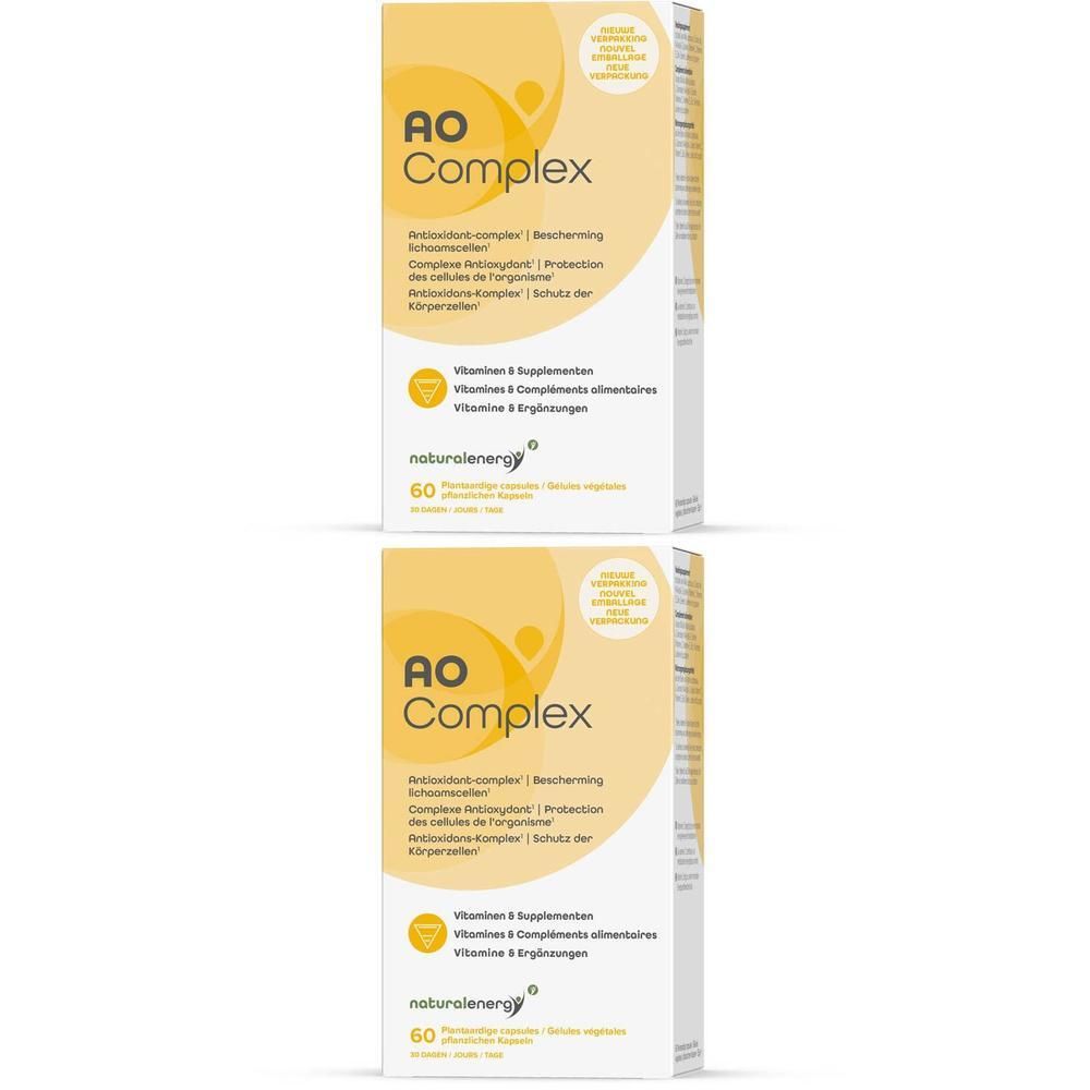 Zwei Schachteln AO Complex. Weiße Verpackung mit gelbem Akzent. Text: AO Complex, Vitamin- & Nahrungsergänzungsmittel, 60 Kapseln.