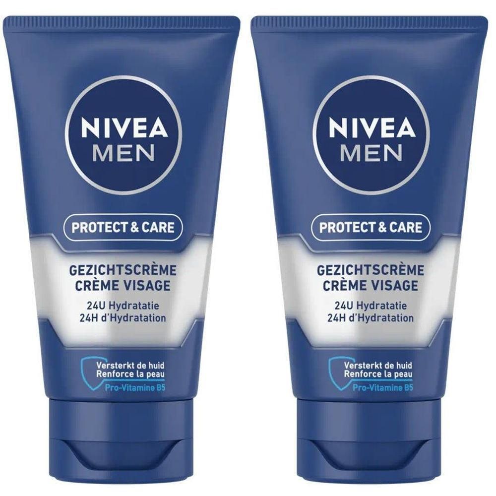 Deux tubes bleus de soin visage NIVEA MEN. Inscription: PROTECT & CARE, 24H d'hydratation. Pro-Vitamine B5.