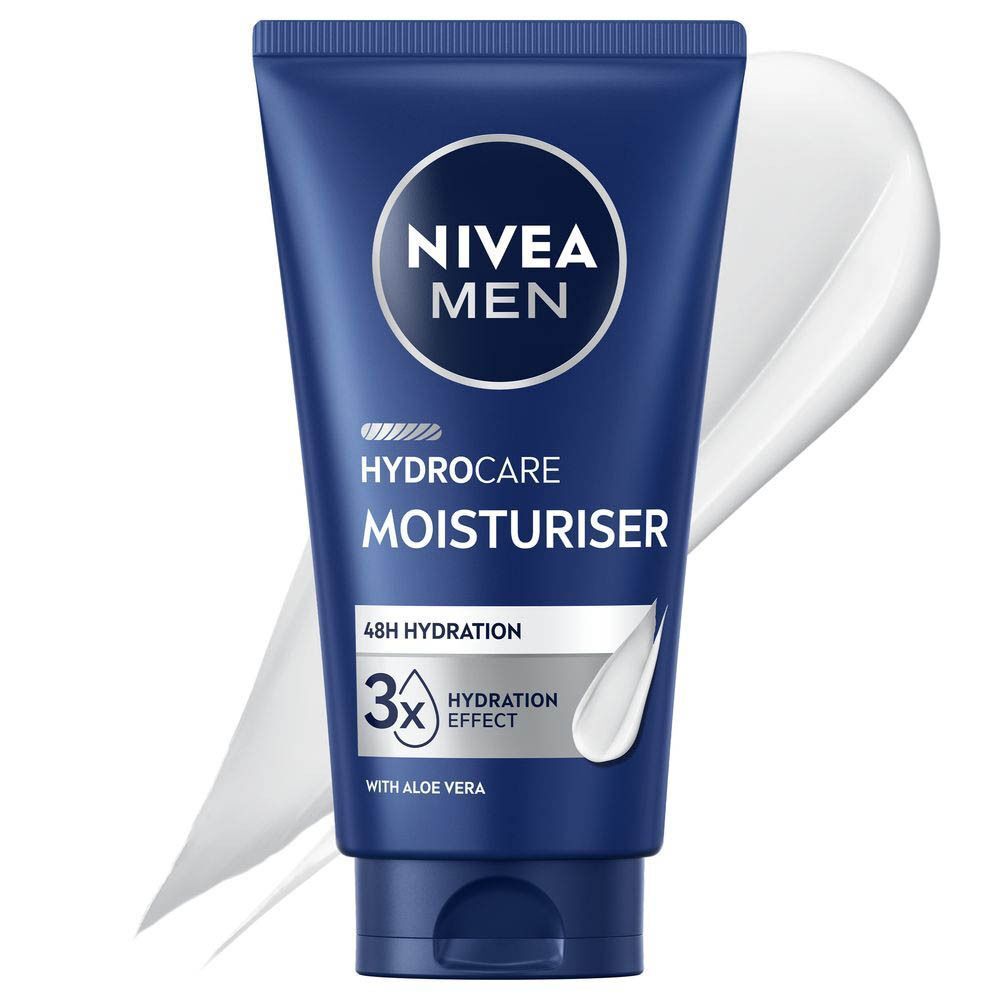Tube bleu NIVEA MEN Hydrocare Moisturiser. Inscription: 48H Hydratation, 3x Hydratation Effect. Avec Aloe Vera.