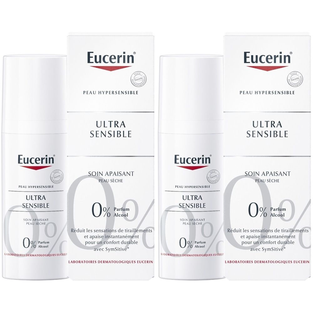Quatre flacons blancs avec boîtes blanches. Inscription : Eucerin Ultra Sensitive, 0% Parfum, 0% Alcool.