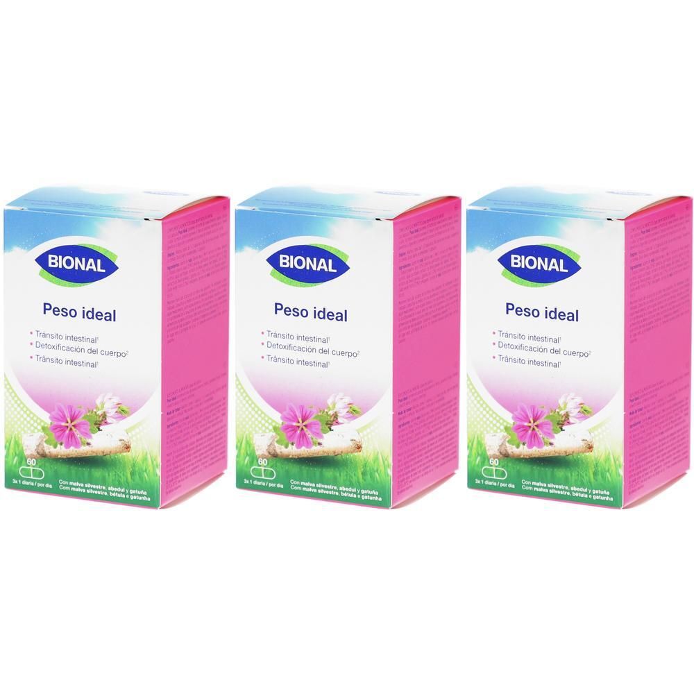 Drei rosa Schachteln mit "BIONAL"-Logo und Produktnamen. Text: "Peso ideal", "Tránsito intestinal", "Desintoxicación del cuerpo".