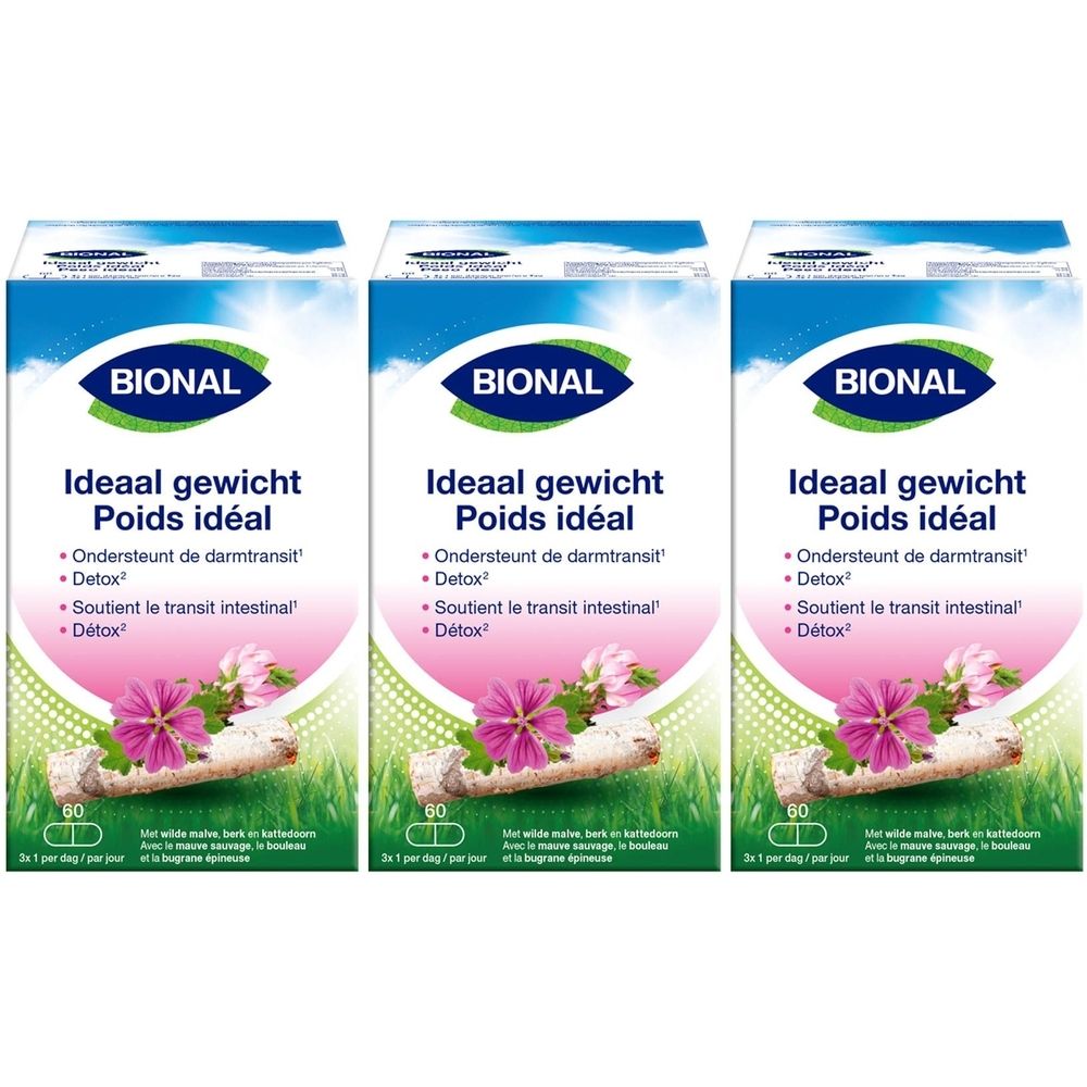 Trois boîtes avec logo "BIONAL" et nom du produit. Texte : "Ideaal gewicht", "Poids idéal", "Soutient le transit intestinal", "Détox".