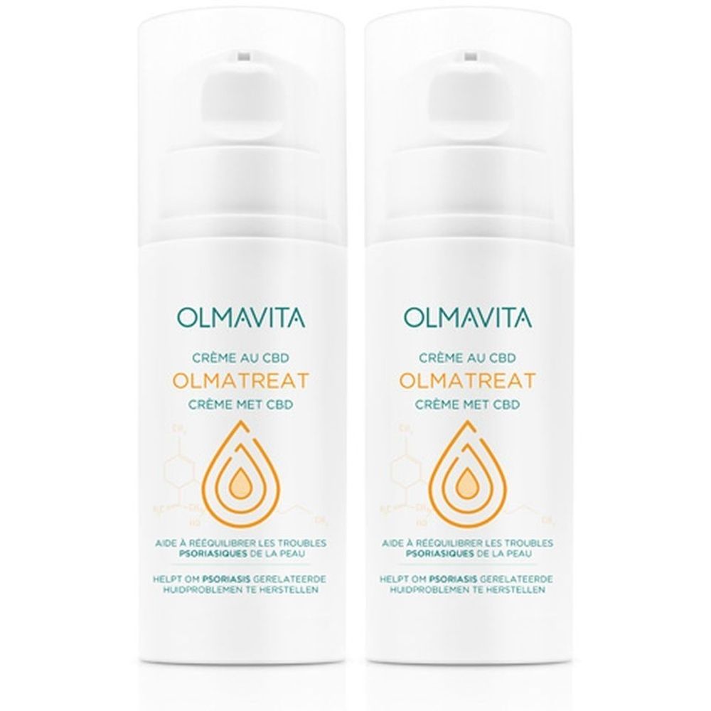 Deux flacons de crème blancs avec pompe. Inscriptions: OLMAVITA, OLMATREAT, Crème au CBD. Texte en français et néerlandais.