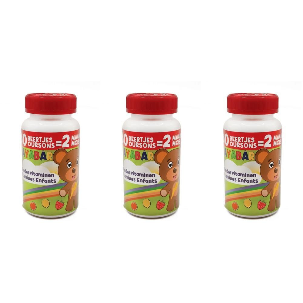 Drei Flaschen YaYaBären Kindervitamine. Weiße Flaschen mit rotem Deckel. Aufdruck mit Bär und Schriftzug.