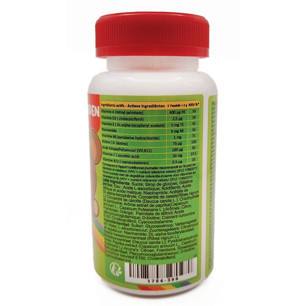 Rückseite einer Flasche YaYaBären Kindervitamine. Weiße Flasche mit rotem Deckel. Auflistung der Inhaltsstoffe.