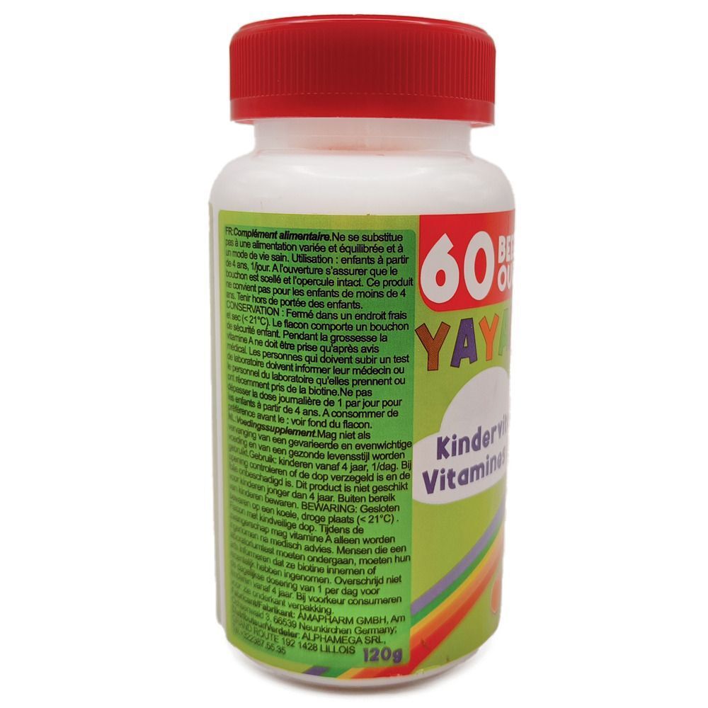 Rückseite einer Flasche YaYaBären Kindervitamine. Weiße Flasche mit rotem Deckel. Text und Inhaltsangaben.