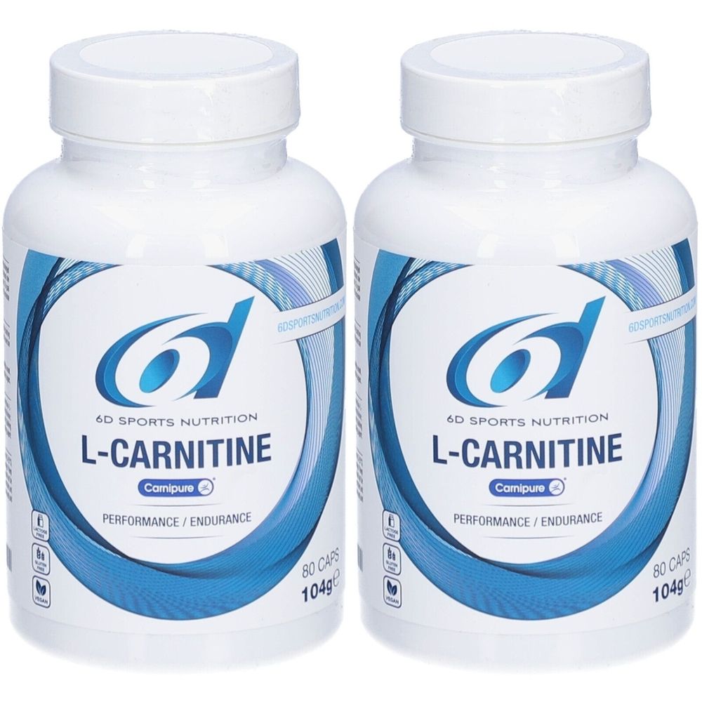 Deux flacons blancs avec texte bleu. Inscription: 6D Sports Nutrition L-Carnitine. Contient 80 gélules. Certification Camipure.