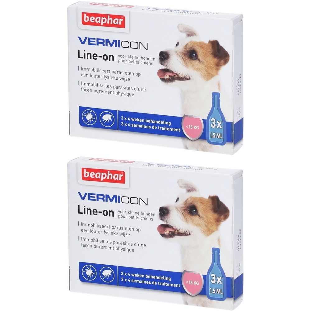 Zwei Produktverpackungen von beaphar Vermicon Line-on für kleine Hunde. Aufdruck mit Hund, Flasche und Text. 3x1.5ml.